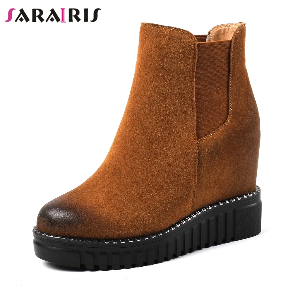 

SARAIRIS Elegant Natural Cow Suede Platform Ankle Boots Women Autumn Winter Fashion Height Increasing Shoes Woman Size 32-40