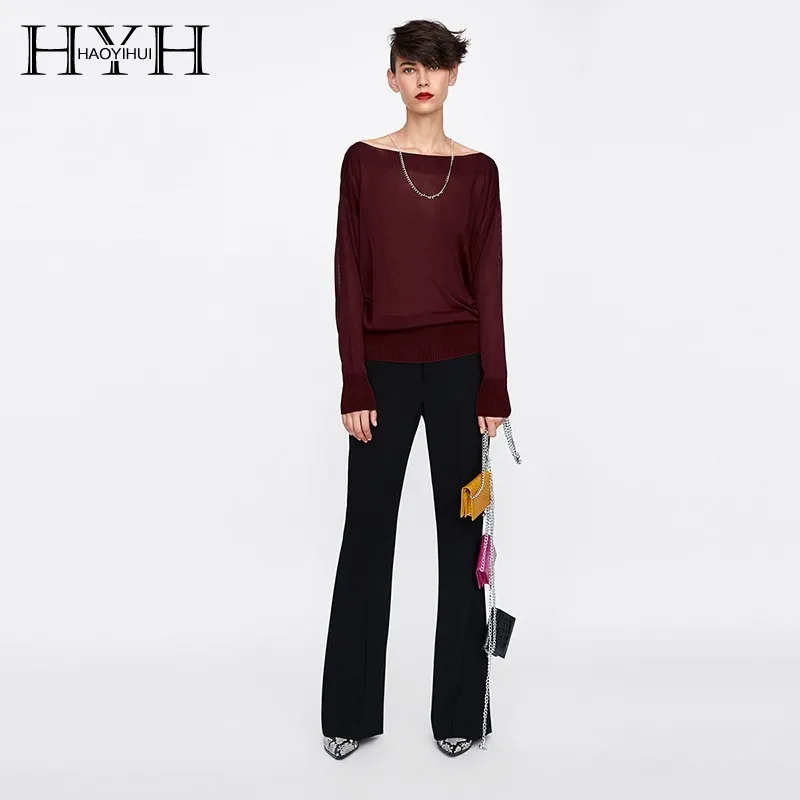 

HYH Haoyihui 2019 New Simple Temperament Lazy Wind Elegant Good Drape Microscopic Tops One Word Collar Autumn Women Sweater