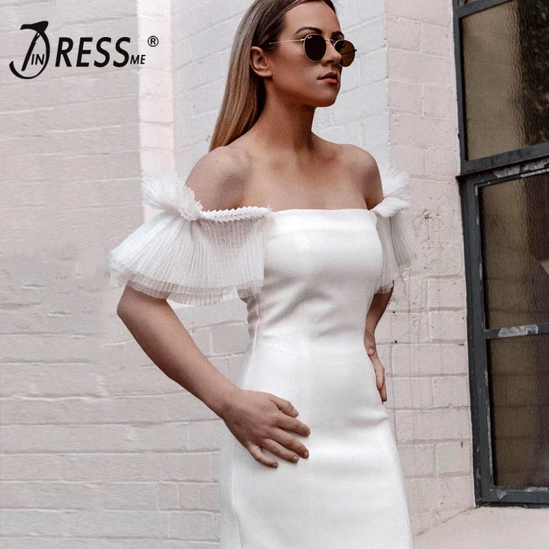 Женское облегающее платье с открытыми плечами INDRESSME Сетчатое кружевным рукавом