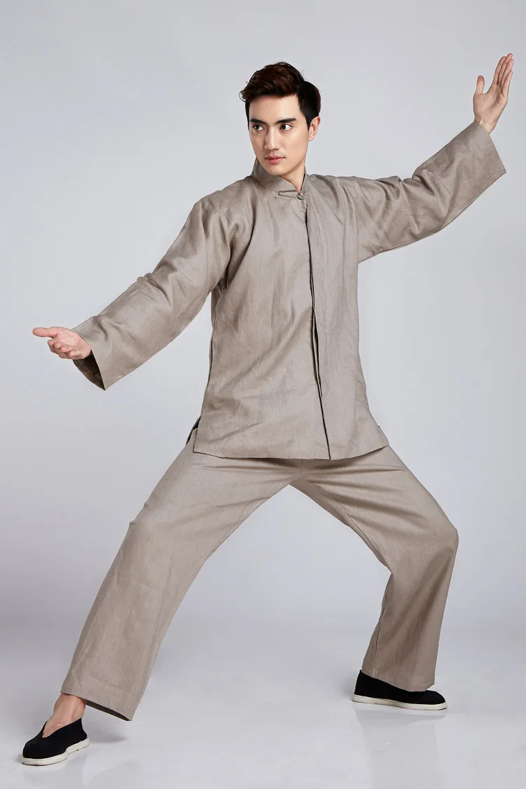 Традиционная бежевая китайская мужская форма кунг-фу льняной костюм одежда с длинными рукавами Размер M до XXXL 2516 - Цвет: 4