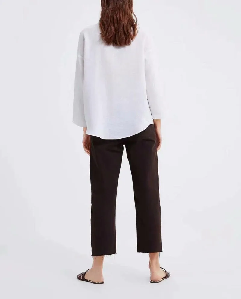 المرأة زائد حجم الكتان بلوزة الربيع الأبيض مضيئة كم زر قميص الإناث فضفاض عارضة حامل طوق Preppy نمط قمم ZA9188