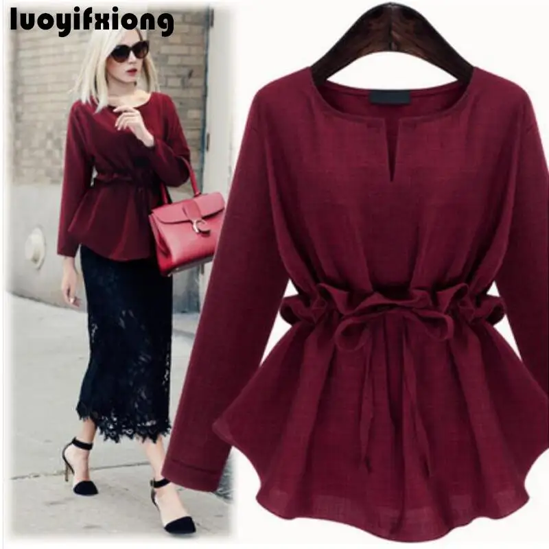 

Luoyifxiong Cotton Linen Womens Tops and Blouses Fashion Pleated Sashes Women Shirts Ladies Long Sleeve Plus Size Camisas Mujer