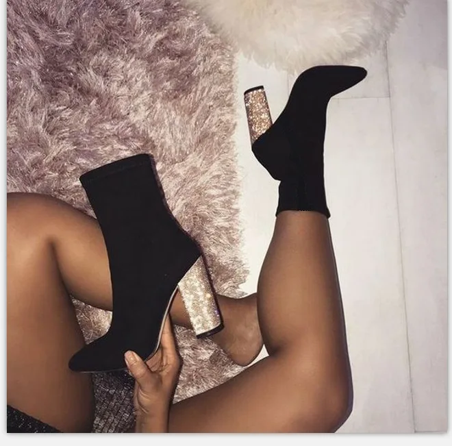 

High Quality Pointed Toe Bling Bling Block Heeled Winter High Heel Boots Women Slim Fit Stretch Ankle Boots