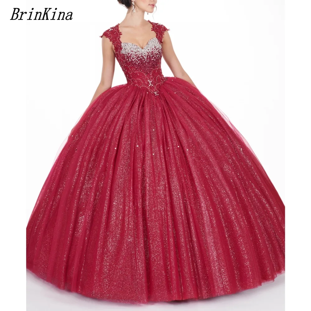 Brinkina Sparking Тюль Vestidos de Quinceanera бальные платья Милая Кристаллы бисером Бургундия