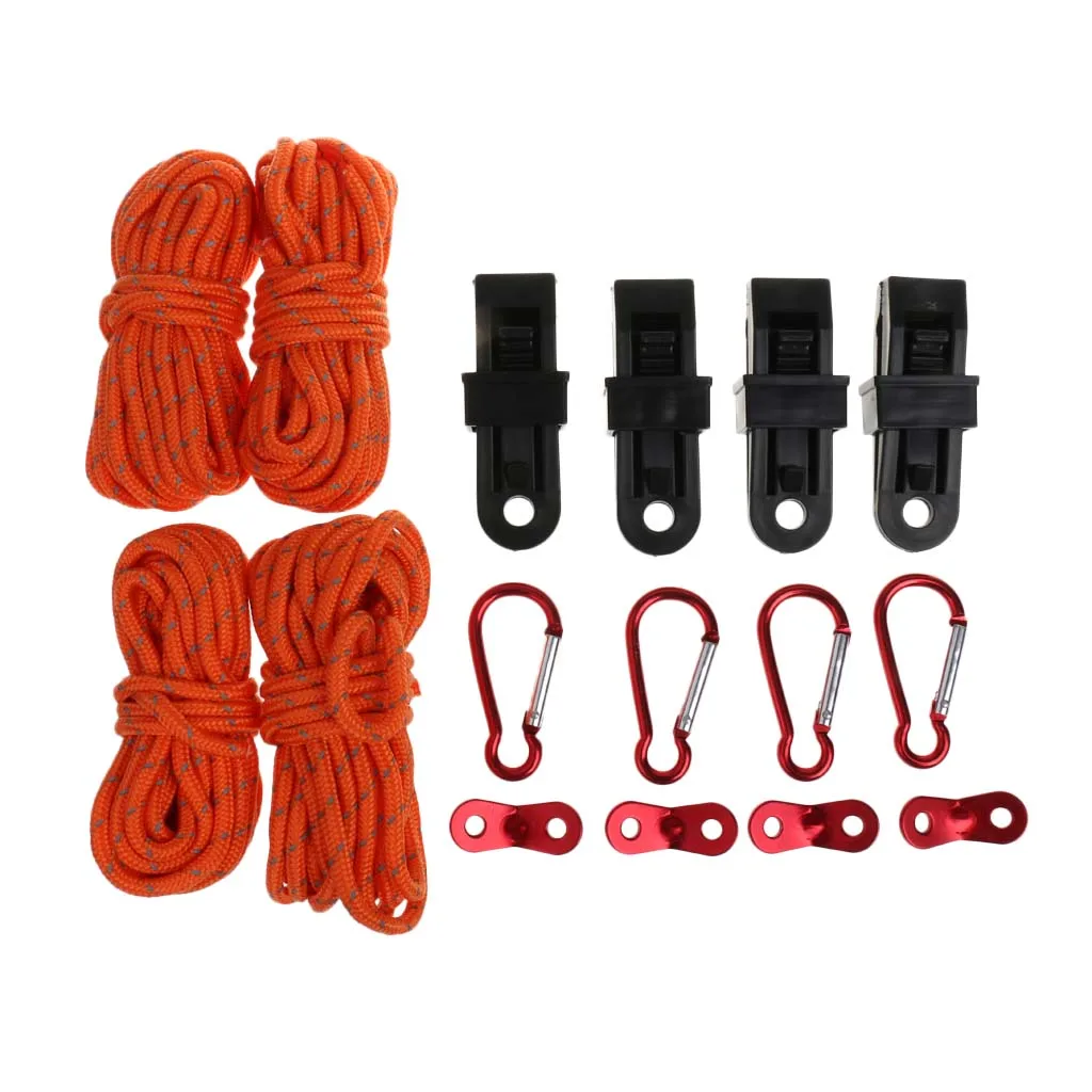  Tent Accessory Set with Reflective Rope/Tarp Clip/Cord Tensioner/Carabiner for Outdoor Camping Hiking Equipment Accessory