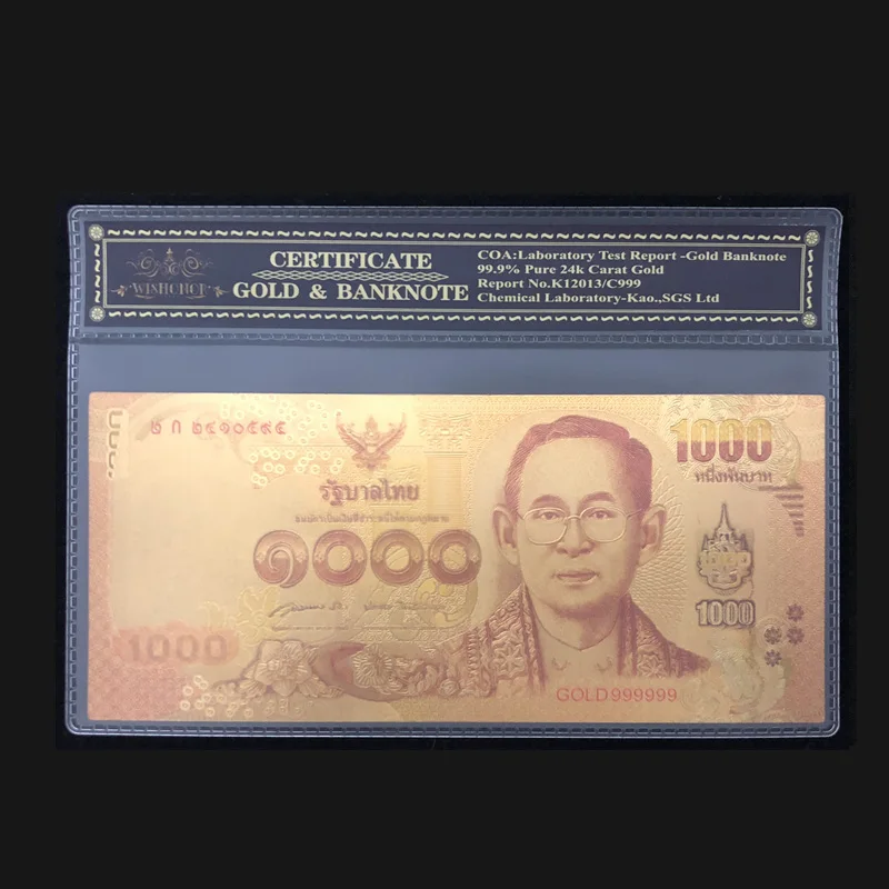 

2018 New Products For Thailand Banknote 1000 Baht in 24k Gold Paper Money with Plastic Frame For Collection