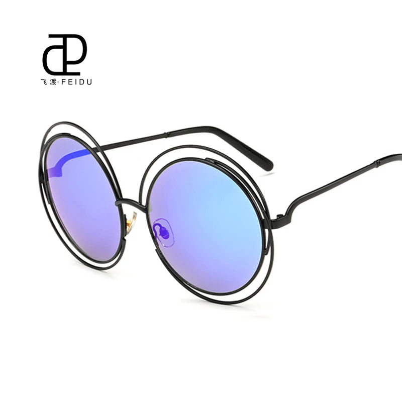 FEIDU Мода круг вокруг Солнцезащитные очки для женщин Для женщин Брендовая Дизайнерская обувь Ретро негабаритных круглые Рамки Защита от солнца Очки Для женщин Óculos де золь - Цвет линз: Black and Blue