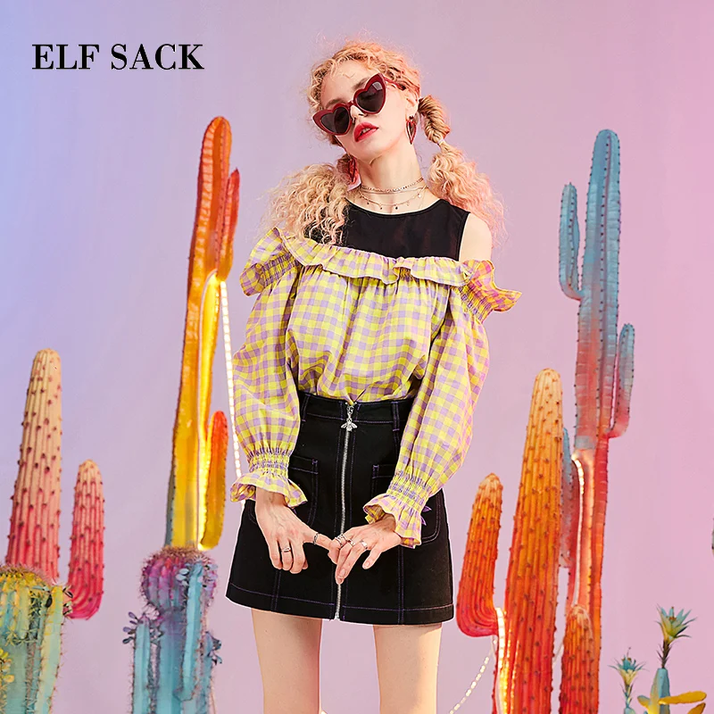 

ELF SACK Summer New Cotton Casual Woman Blouse Stylish Plaid Spliced Women Shirts O-Neck Butterfly Sleeve OL Female Shirt