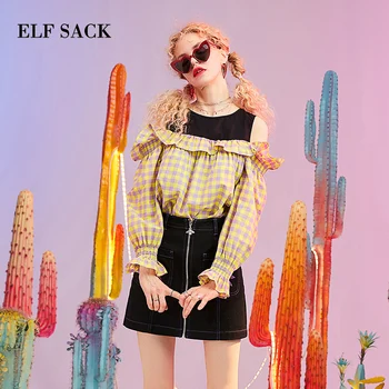 

ELFSACK Summer New Cotton Casual Woman Blouse Stylish Plaid Spliced Women Shirts O-Neck Butterfly Sleeve OL Female Shirt