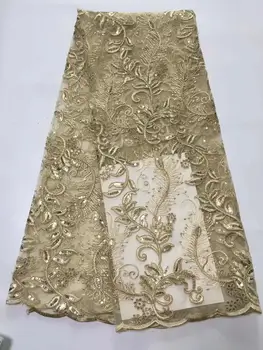 

Elastic Mesh!! Gold Sequins Net Lace Indian Nigeria Noble Lady Prom Wedding Dress Sewing Fabrics For African Bride Sequined Lace