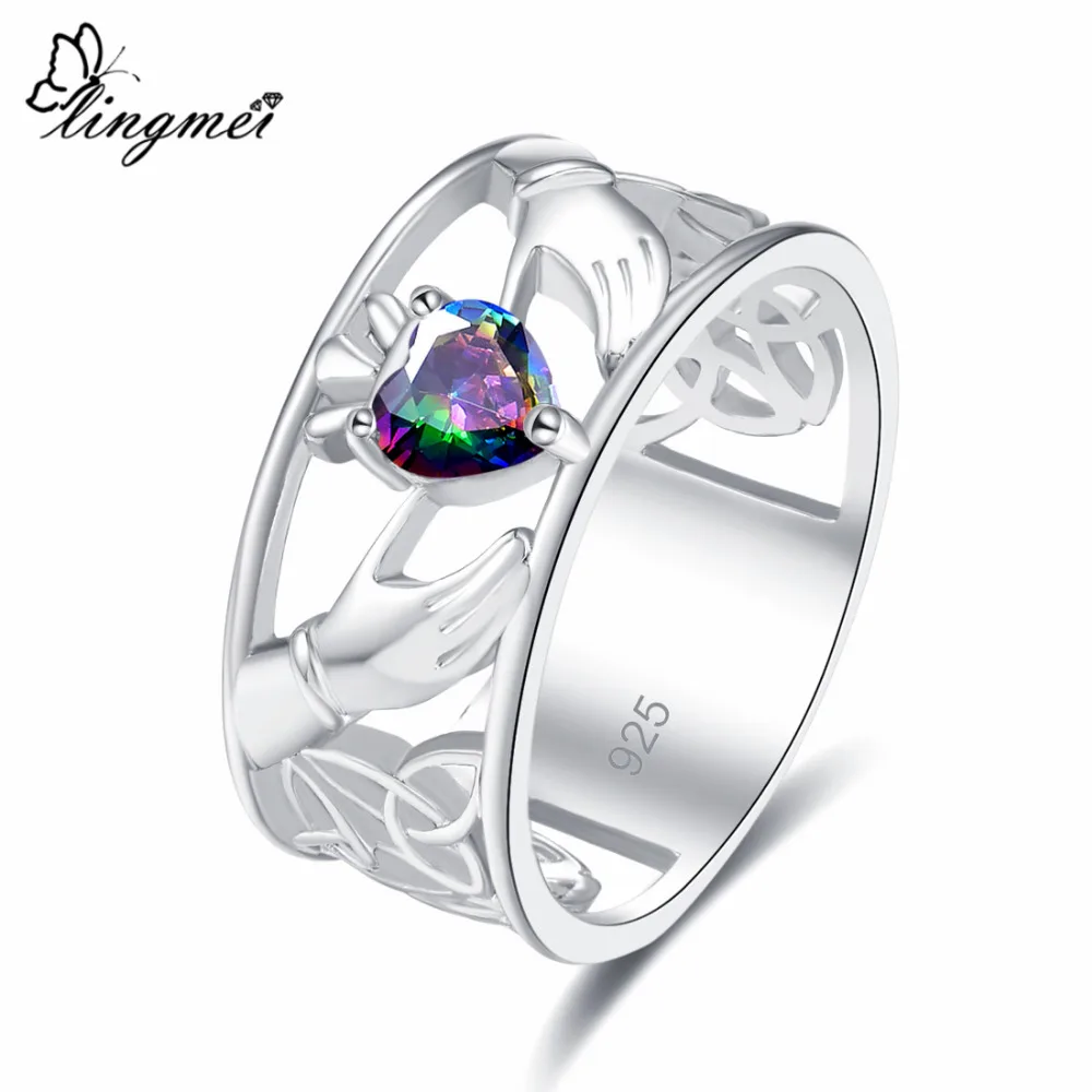 

Lingmei Claddah Style Wedding Band Heart Cut Multicolor & Blue Zircon Silver Solitaire 925 Ring Size 6 7 8 9 For Ladies Gifts