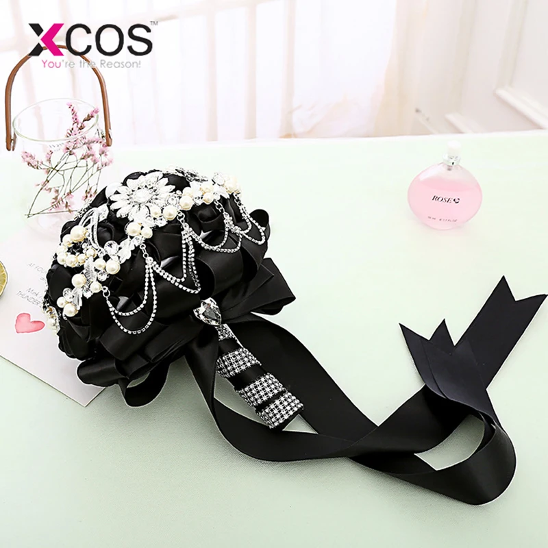 

Vintage Gothic Black Wedding Flowers Bridal Bouquets 2019 Pearls Crystal Beads Drop Diamond Decor Handle