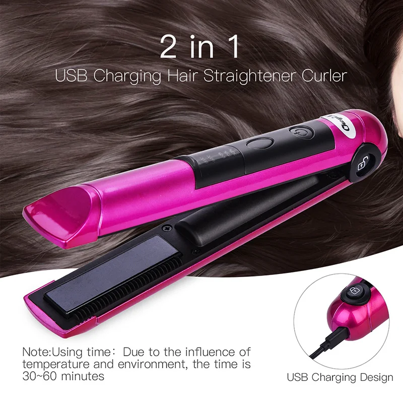 USB Charge Wireless Hair Straightener Curler Ceramic Flat Iron