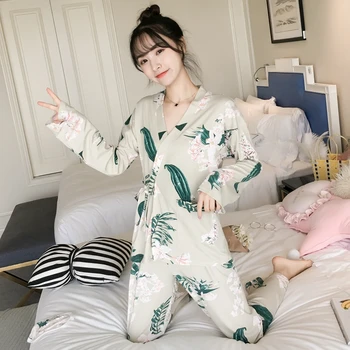 

2019 Spring Autumn Print Kimono Pajama Sets for Women Long Sleeve Pyjama Sleepwear Loungewear Homewear Pijama Mujer Home Clothes