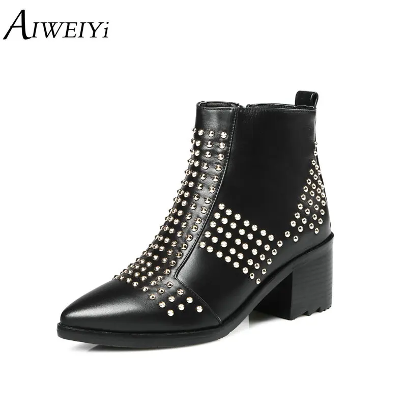 

AIWEIYi Genuine Leather Ankle Boots Square High Heels Rivets Side Zip Platform Short Boots Black Fr Warm Winter Snow Boots Botas