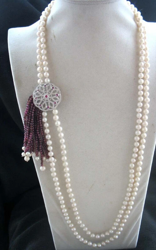 

N 2rows freshwater pearl white &garnet necklace Discount AAA