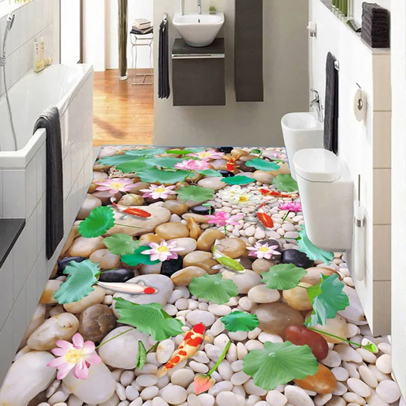 Custom 3D Photo Wallpaper Chinese Style Cobblestone Lotus Kitchen Living Room Bathroom Floor PVC Self-adhesive Mural Wallpaper sebastian stan photo collage apron beauty for cosmetologist kitchen accessories apron