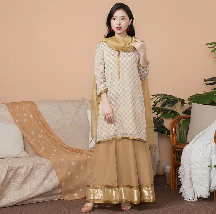 

India Fashion Woman Ethnic Styles Set Cotton India Dress Thin Travel Costume Elegent Lady Long Top+Skirt+Scarf