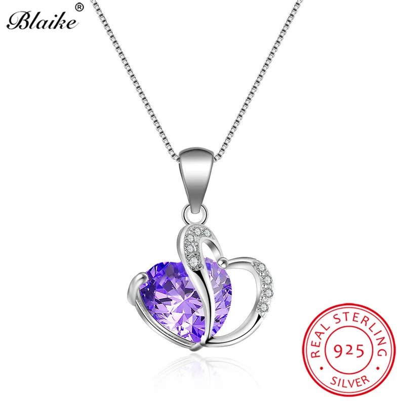Ожерелье с подвеской в виде сердца из твердого 925 пробы серебра Blaike для женщин, ожерелье с цирконием, сапфиром, аквамарином, аметистом, топазом, камнем рождения - Цвет камня: Light Purple Choker