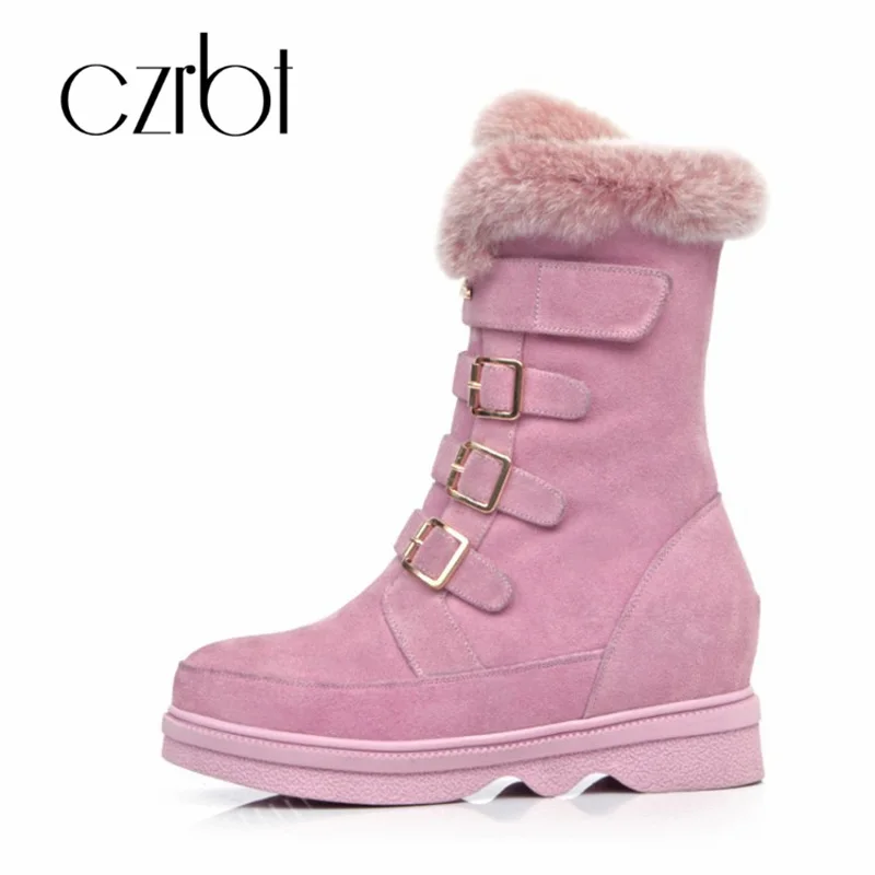 

czrbt 2018 Winter Boots Women Genuine Leather Zipper Buckle Mid-Calf Warm Snow Boots Casual Female Fashion Non-Slip Boots Women