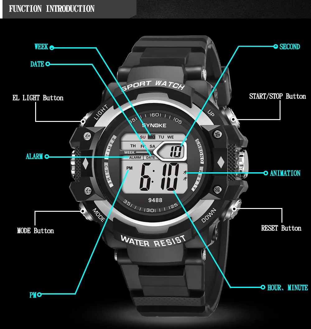 SYNOKE мужские часы Аналоговые световые Роскошные Водонепроницаемые многофункциональные электронные часы светодиодный цифровые часы