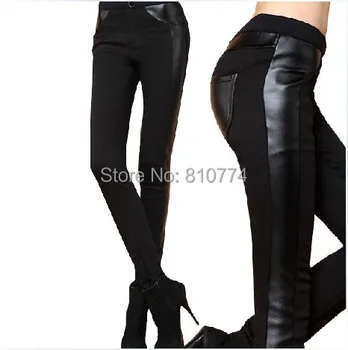 

Plus velvet thickening female pants fashion patchwork PU women trousers