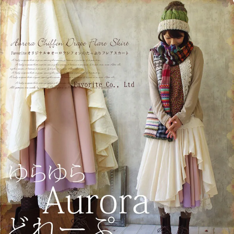 

Harajuku Mori Girl Cute Pleated Skirt Women Clothing Lace Chiffon Multi Layer Patchwork Sweet Kawaii Lolita Princess Skirts A122