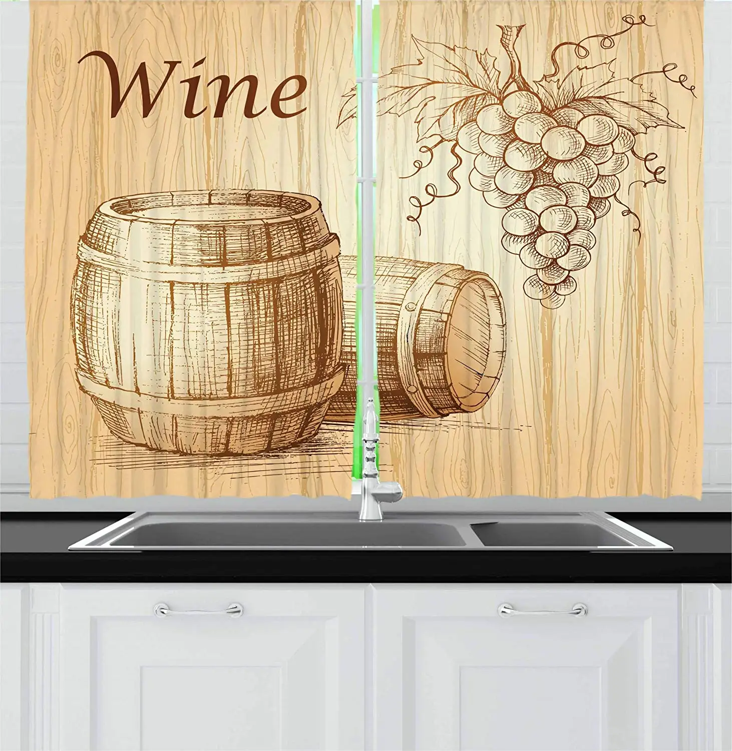 

Wine Curtains Wooden Barrels and Bunch of Grapes on Wood Backdrop Botany Harvest Theme Artwork Window Drapes for Living Room