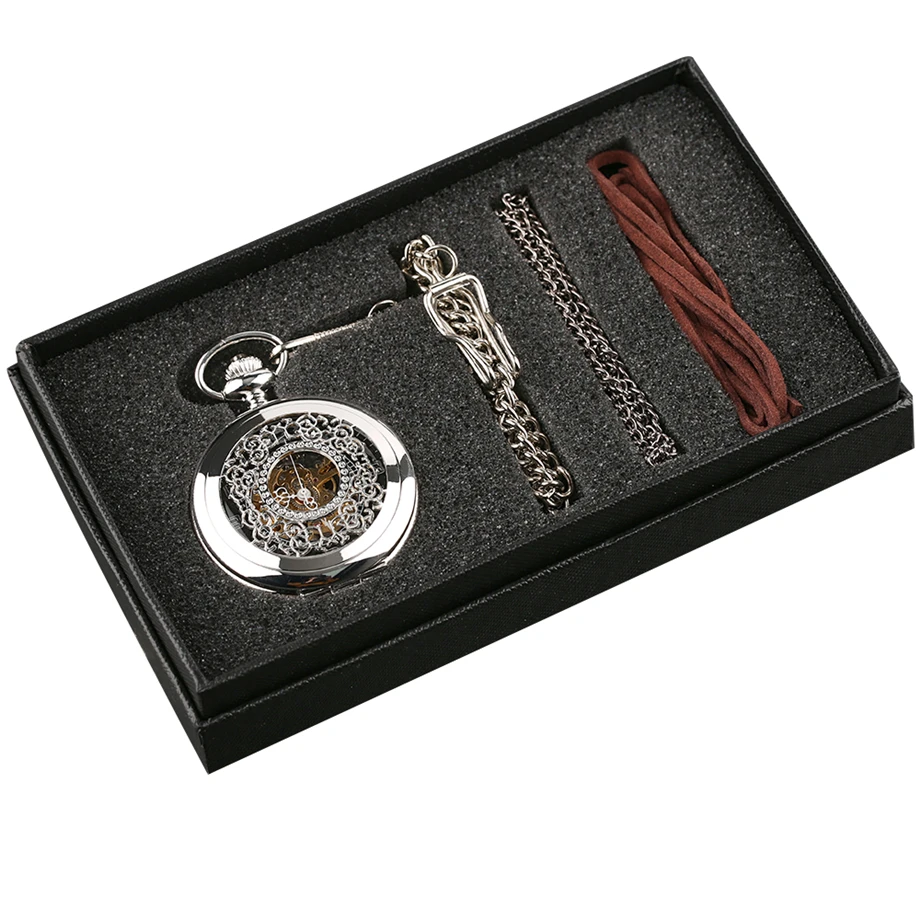 Fashion Hollow Flower Silver Hand Winding Mechanical Pocket Watch Mens Womens Box Bag