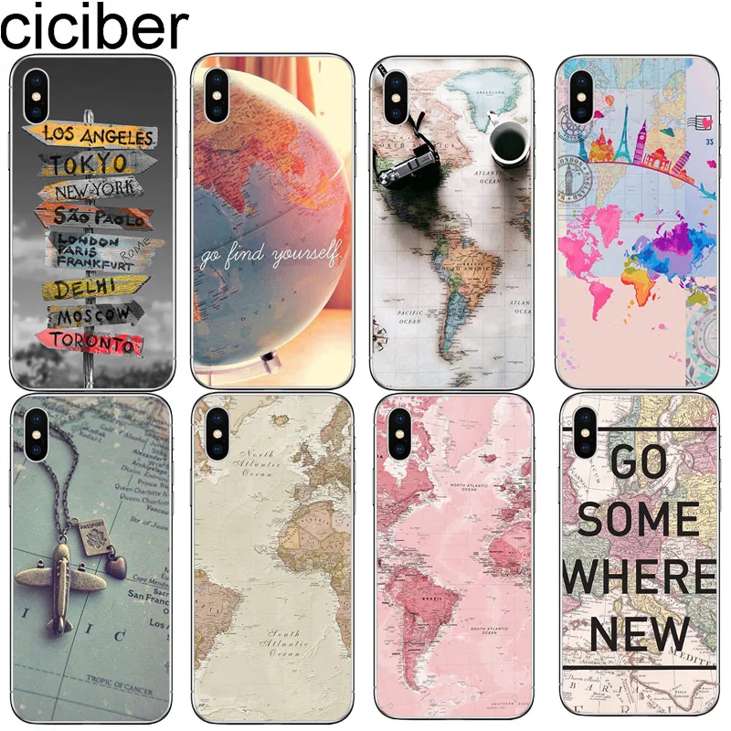 

cicibers Phone Case for iphone 7 8 6 S Plus 5 5S SE Soft Silicone TPU Cover for iphone 11 Pro Max X XR XS MAX World travel map