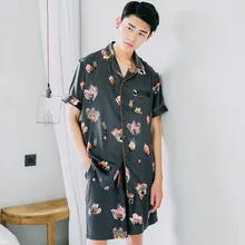 Лето мужской Пижамный костюм с отворотом, Шелковый принт, шорты с короткими рукавами, костюм из двух предметов, атласная Домашняя одежда с бабочками