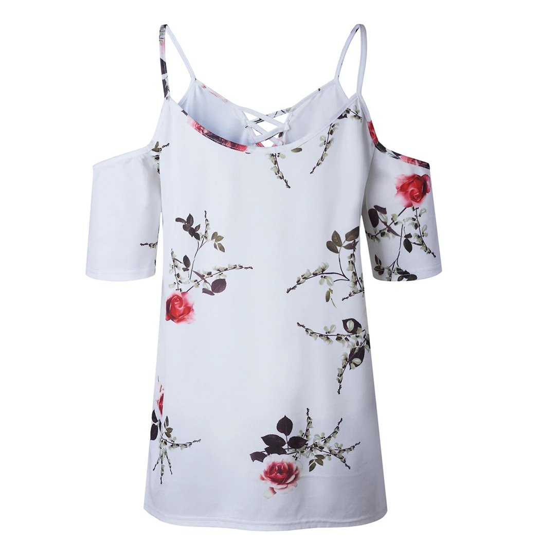 2018 Elegant Womens Summer Cold Shoulder Tops Blouse Lace Up V Neck Floral Printed Shirts Sexy Ladies Short Sleeve Blusas Mujer |