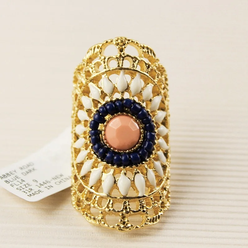

Women Colorful Bead Stone Glaze Cross Floral Gold Metal Lace Filigree Armor Knuckle Lady Long Full Finger Ring Fashion Jewelry