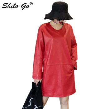 

Casual Leather Dress Women Summer Streetwear Side Pocket Long Sleeve Sheepskin Genuine Leather Dress Red Loose Female Dress