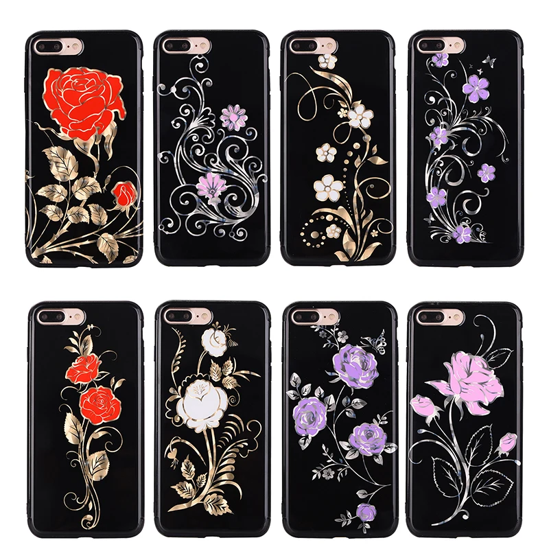 Classical Retro Flowers Black Soft IMD Phone Back Cover Case For iPhone