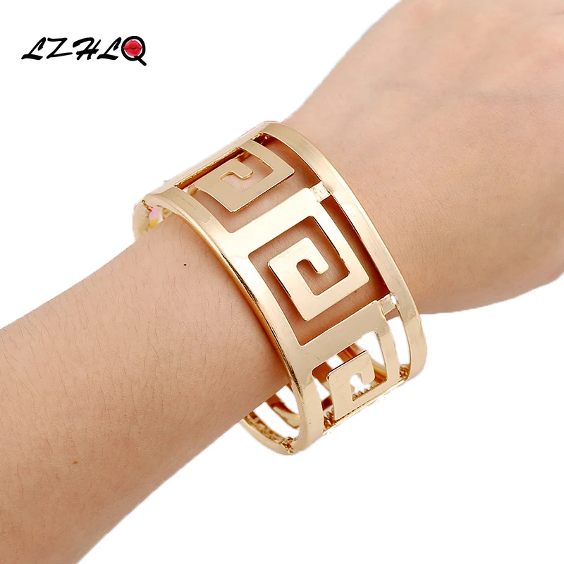 LZHLQ модный геометрический полый Широкий металлический браслет для женщин макси панк браслет манжета браслет известный бренд ювелирные изделия аксессуары