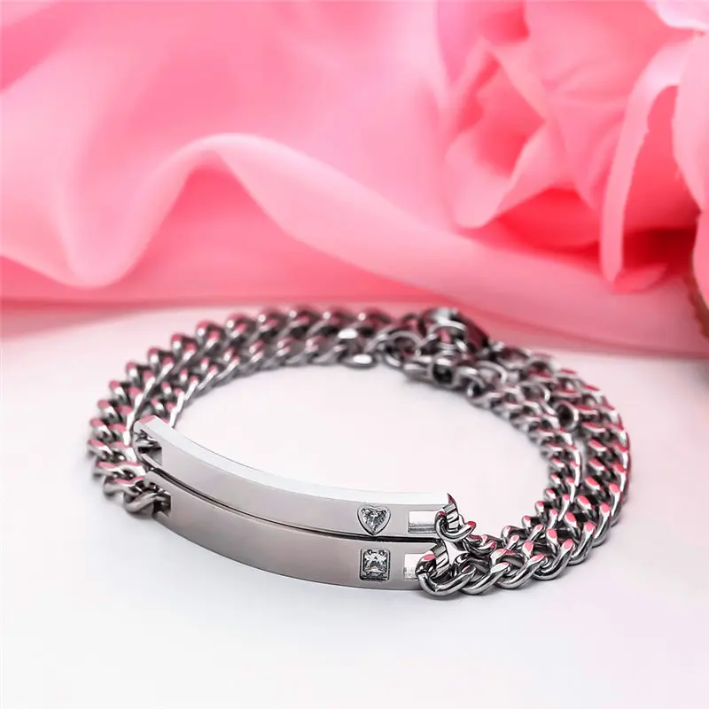 V.YA Personalized Name Stainless Steel Bracelets For Women Men ID Bracelets Inset Zircon Stone Lover Couple Jewelry Bangles Gift