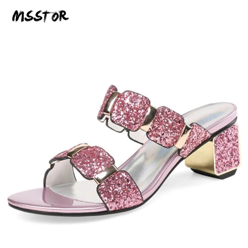 

MSSTOR Bling Fashion Women Slippers Mixed Colors Plus Size Peep Toe Party High Heels Slippers Strange Style Ladies Shoes 2019