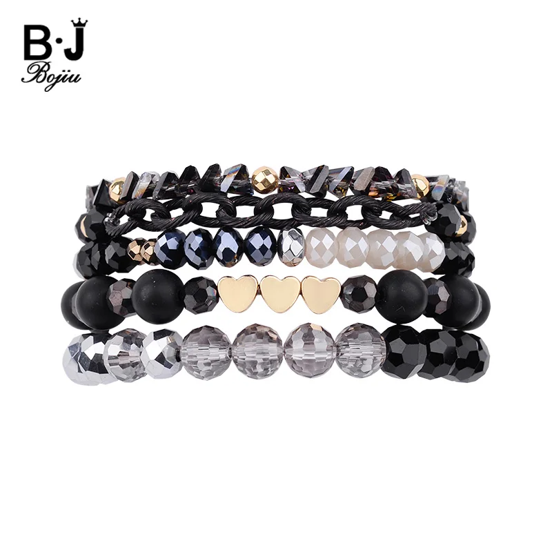 

BOJIU 5 Pcs/Set Multilayer Gold Heart Charm Bracelets Women Elastic Faceted Crystal Black Onyx Copper Beads Bracelets BCSET225