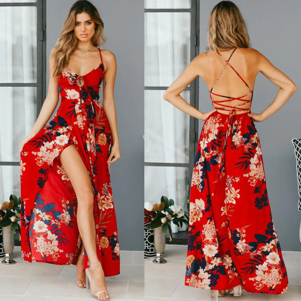 

Red Floral Print 2019 New Sexy Lace Up V Neck Women Maxi Dresses Summer Split Backless Beach Long Vestidos Boho Dress