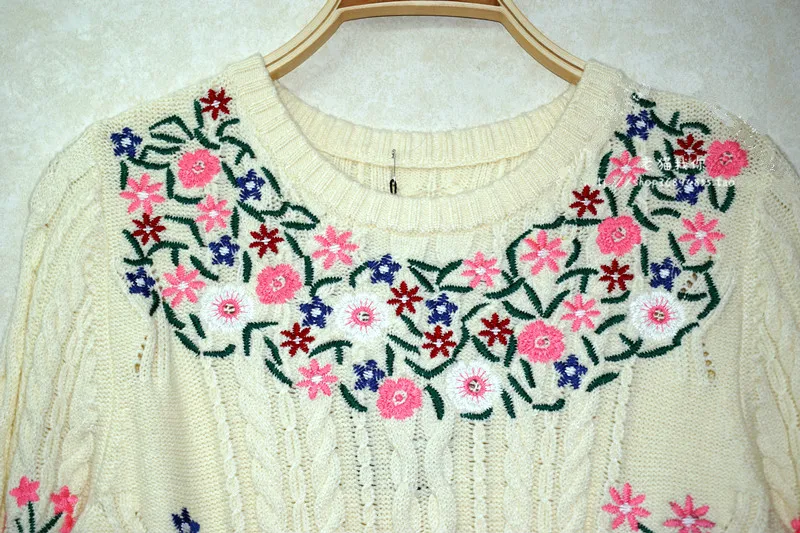 Настоящее длинное платье до колена с круглым вырезом, Vestidos De Fiesta, зимнее новое шерстяное платье, женское трикотажное платье с длинными рукавами и цветочной вышивкой