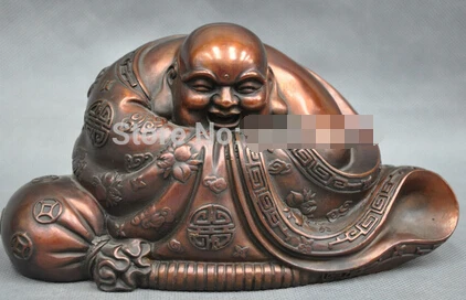 

Free Shipping 0 8'' China Happy Monk Wealth Bag Maitreya Buddha Bronze Statue