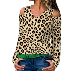 2019 весна новые женские топы большой размер S-5XL с длинным рукавом Печать Мода с открытыми плечами пуловер футболки женские леопардовые
