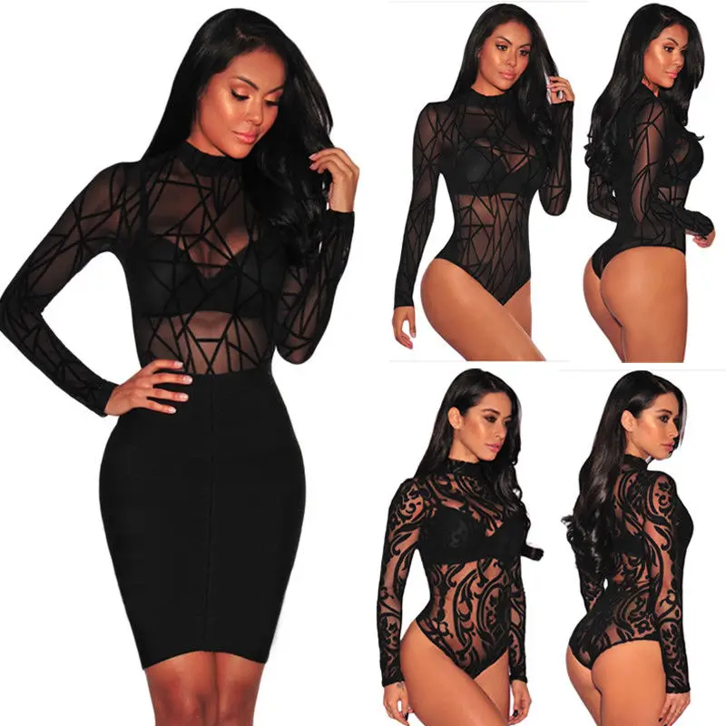 

Brand Sexy Hot Women Mesh Fish Net Slim Bodysuit Leotard Top Long Sleeve Playsuit Jumpsuit Clothes Skinny Transparent Pants