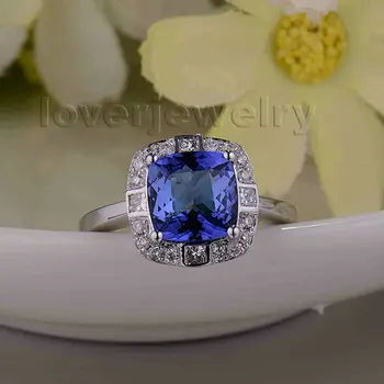 

Romantic Cushion 8x8mm 14Kt White Gold Natural Diamond Tanzanite Ring,Engagement Tanzanite Ring 585 White Gold SR0072