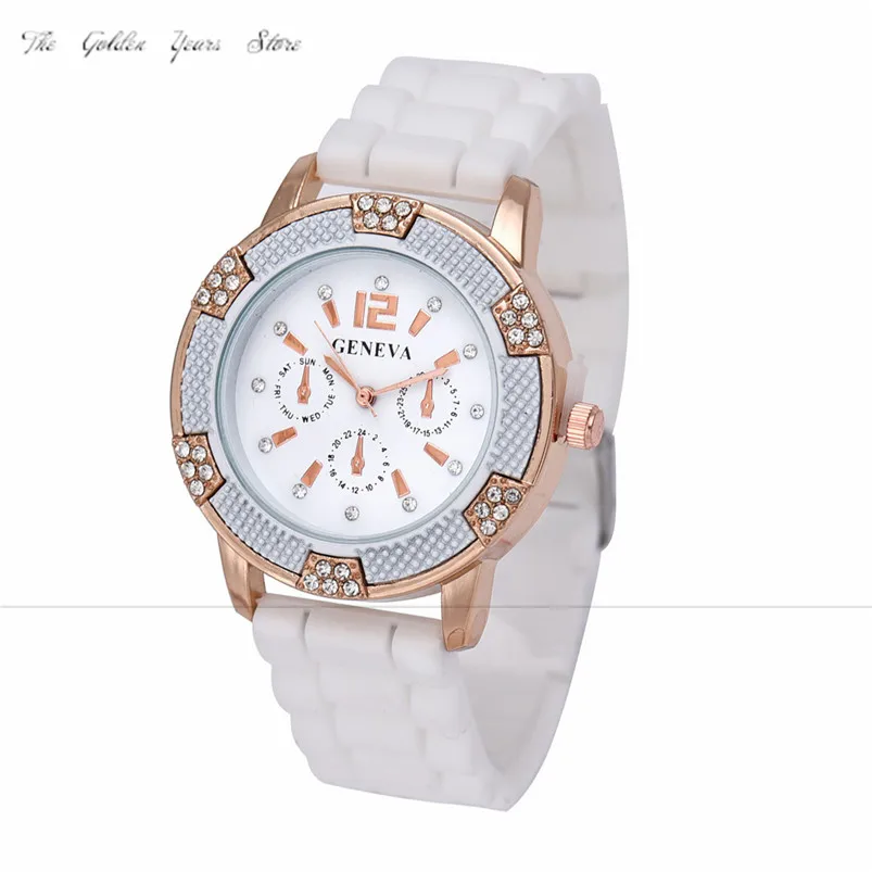 new 2017 Relogio Feminino Reloj Mujer Women watches Rose Gold Chronograph Silicone with Crystal Rhinestones Bezel