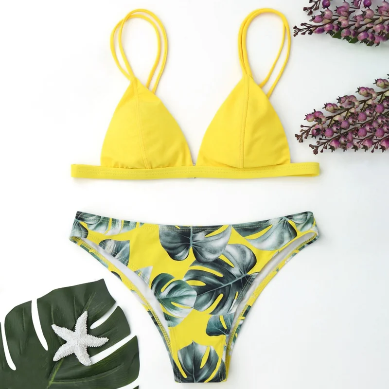Women Sexy Plant Pattern Print Lace-up Halter Strap Split Swimsuit Bikini Set Women Sexy Plant Pattern Print Lace-up Halter Strap Split Swimsuit Bikini Set