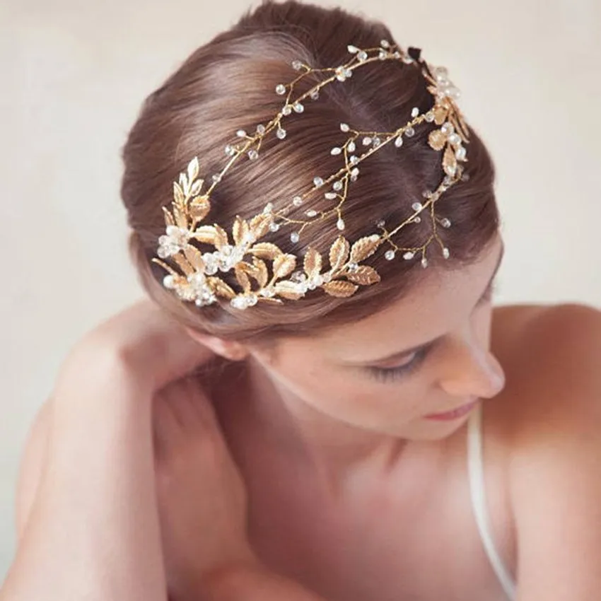 

Handmade Ribbon Gold Leaves Pearl Headband Crystal Hair Jewelry Wedding Hair Accessories Romantic Bridal Tiara Crowns Headdress