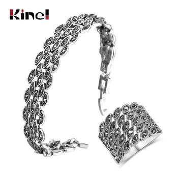 

Kinel Hot Bright Black Crystal Bracelet Ring For Women Antique Silver Color Little Eye Bracelets Charm Vintage Jewelry Sets