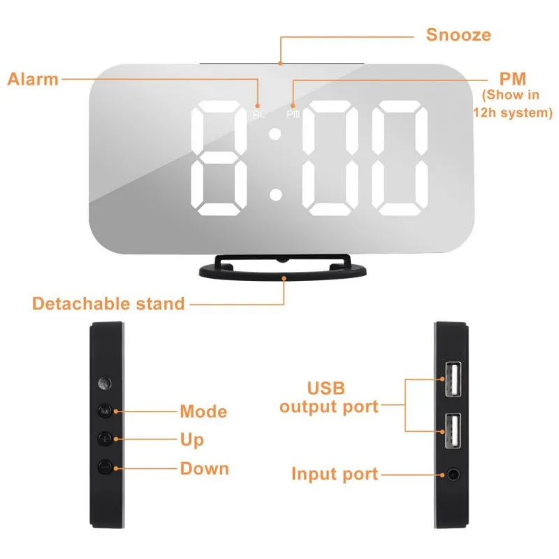 

Alarm ClockDigital Clock With Large 6.5" Easy-Read LED Display Diming Mode Easy Snooze Function Mirror Surface USB